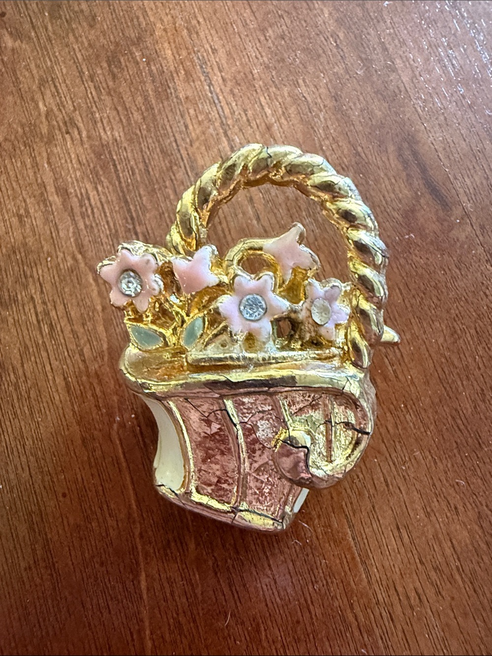 Pink & Green Rhinestone Flowers In A Basket Pin Vintage Brooch Enamel Gold Tone